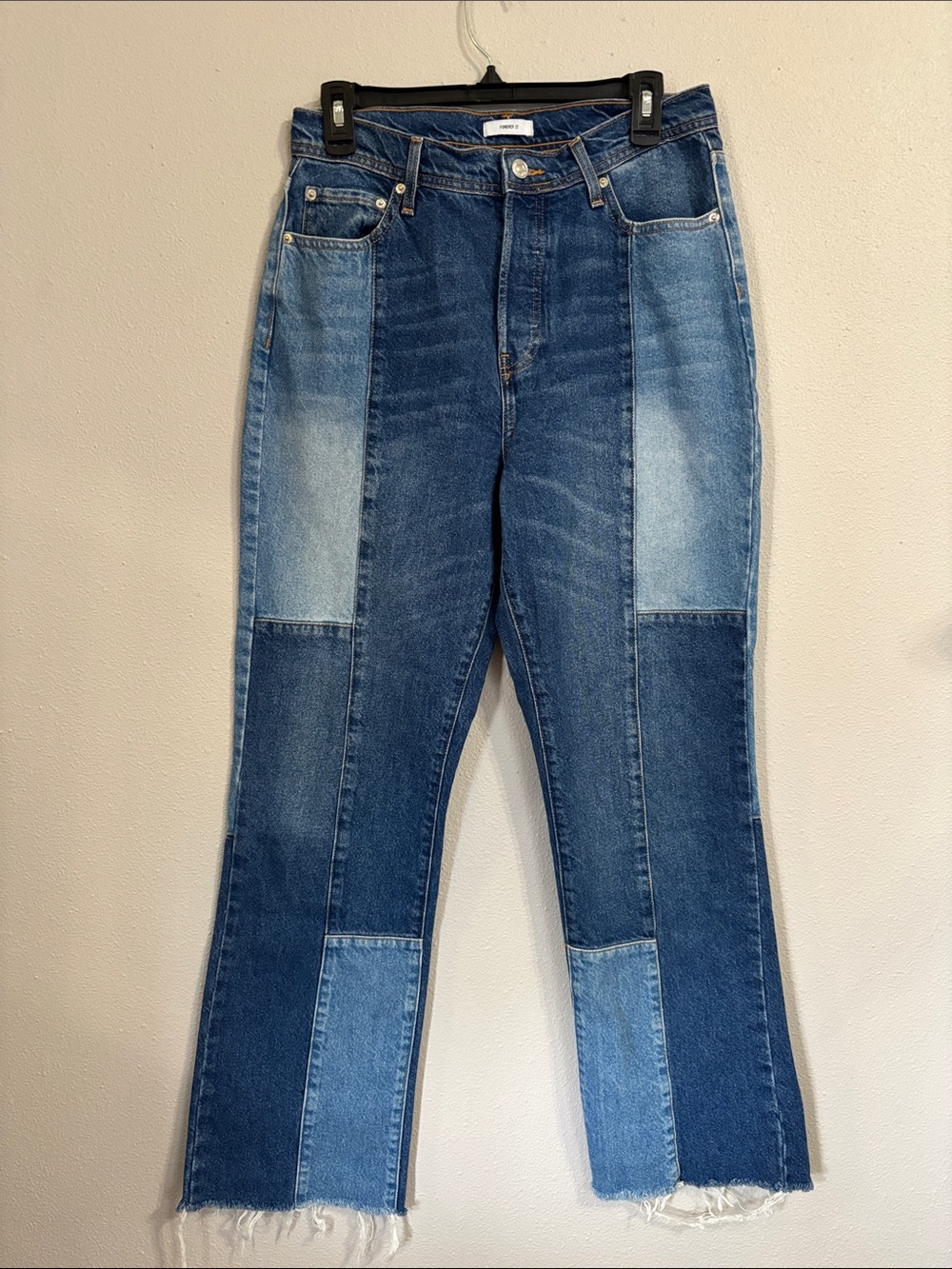 Forever 21 Two-Tone Blue Patchwork Straight Leg Jeans
